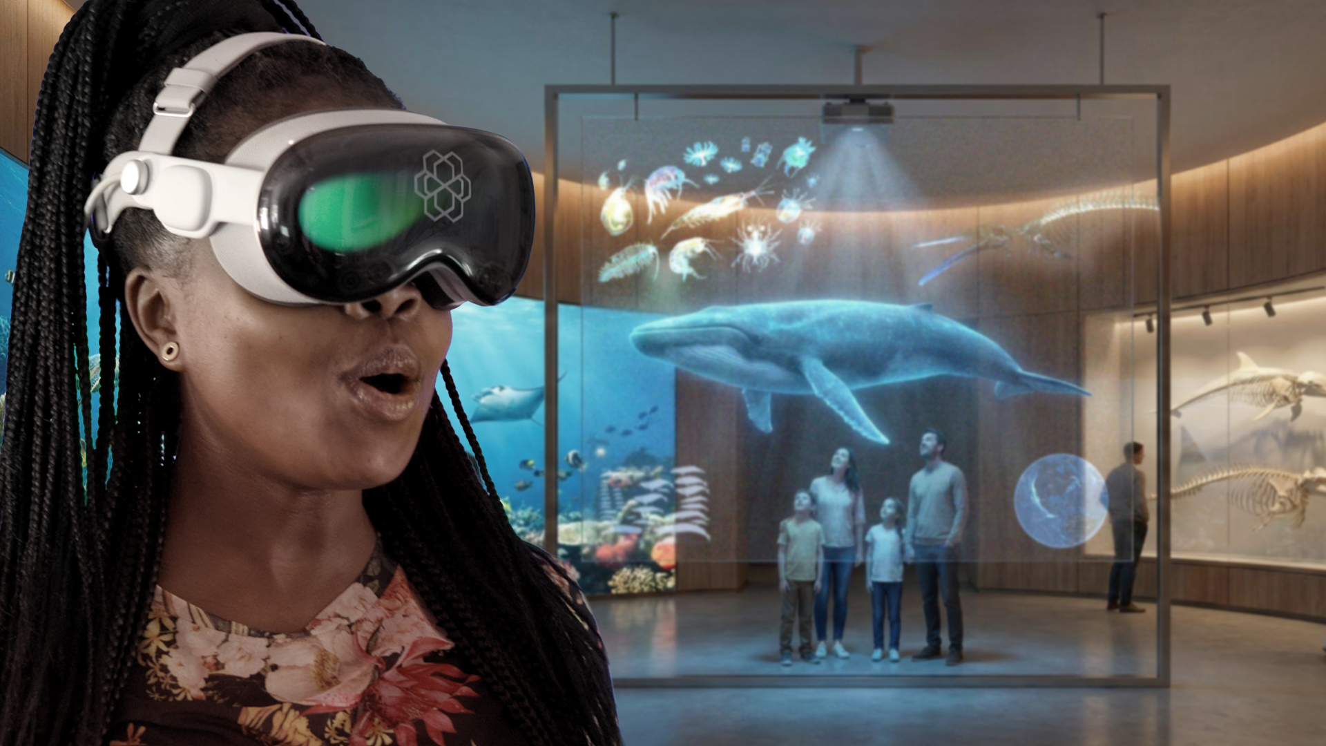 Concept art for The FutureZoo lobby featuring a large, central tree with hanging vines inside a glass dome, visitors interacting and a child holding a digital tablet showing the nutrient flow of a tree