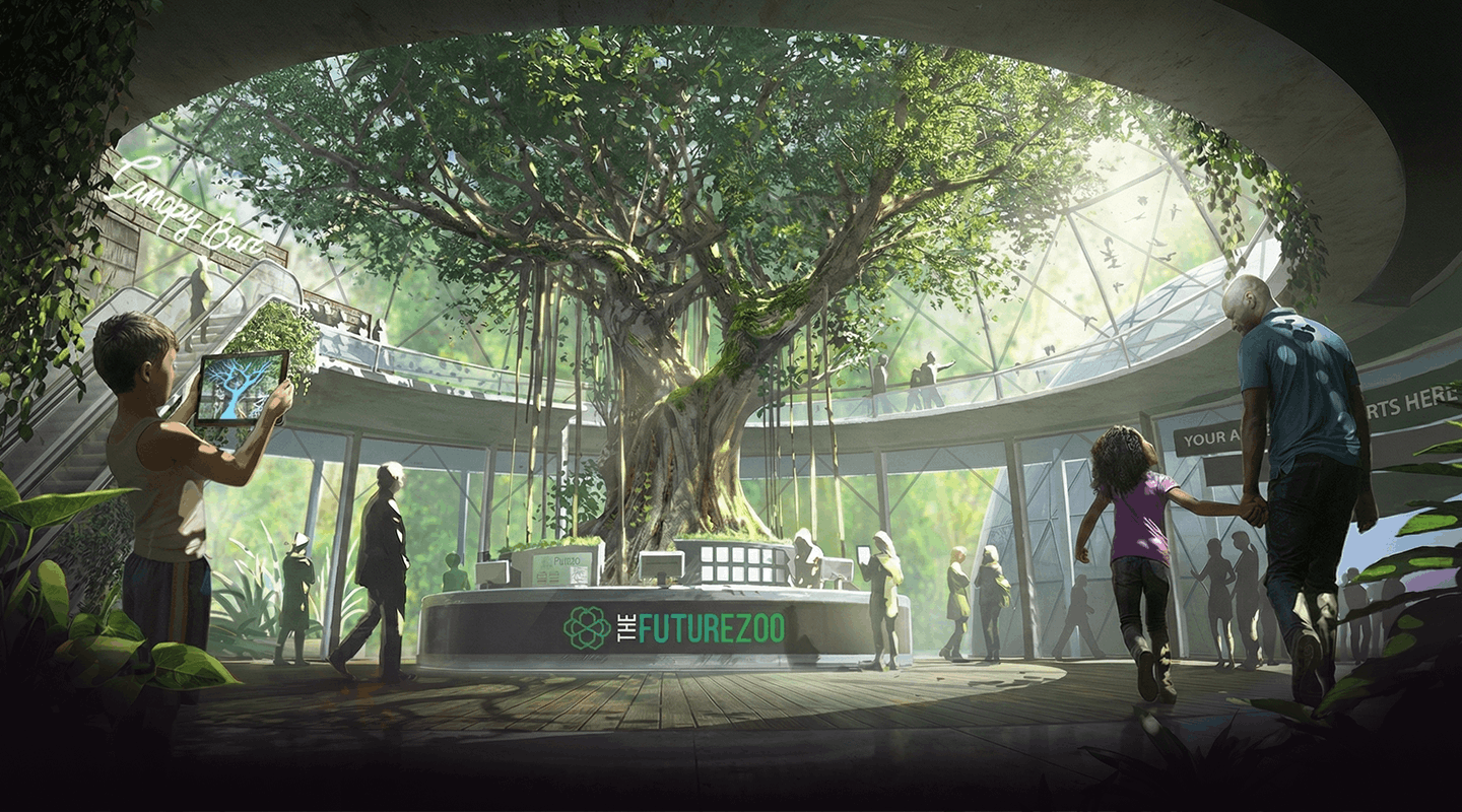 Concept art for The FutureZoo lobby featuring a large, central tree with hanging vines inside a glass dome, visitors interacting and a child holding a digital tablet showing the nutrient flow of a tree